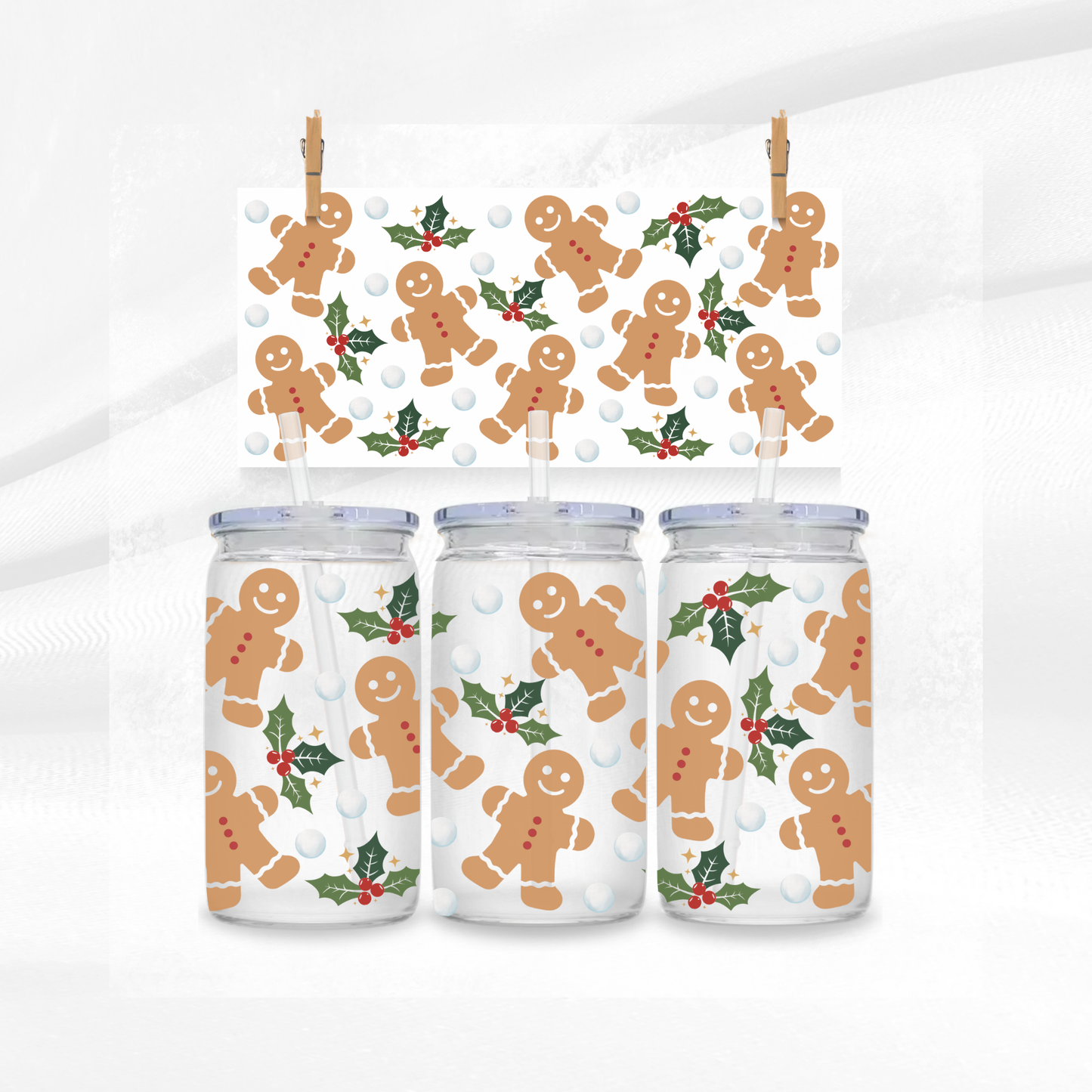 Gingerbread Men and Holly Libbey Glass Can
