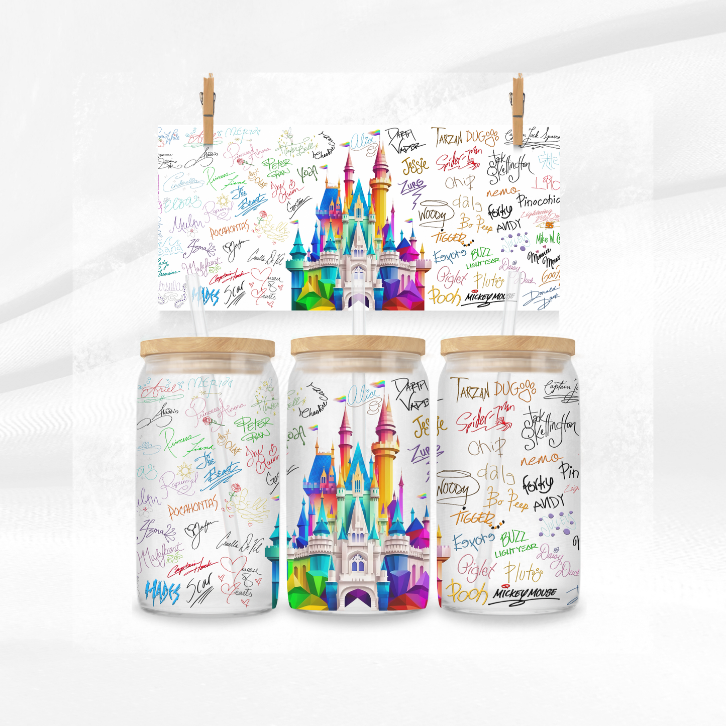 Multi-coloured Castle and Character Signatures Libbey Glass Can