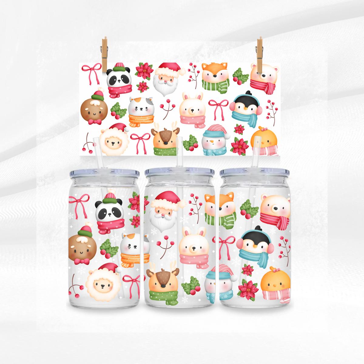 Cute Christmas Animals Libbey Glass Can