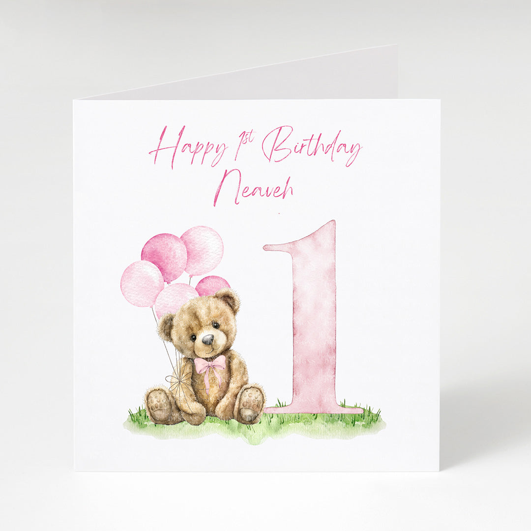 Personalised Pink 1st Birthday Teddy Card