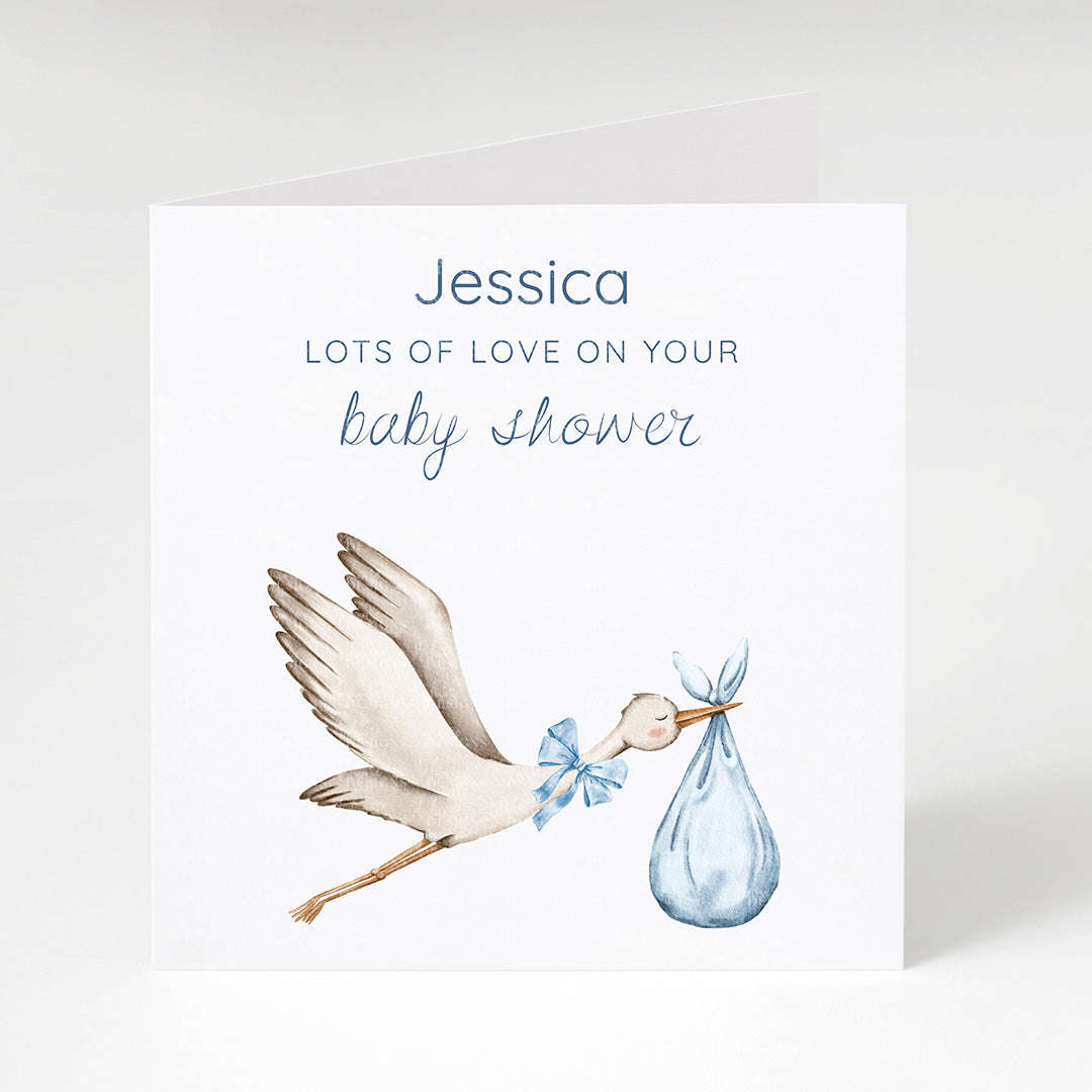 Personalised Baby Shower Stork Blue Card