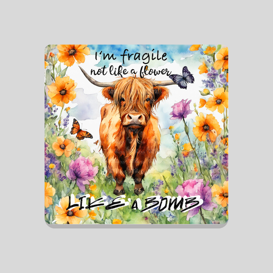 Fragile 'like a bomb' Highland Cow Coaster