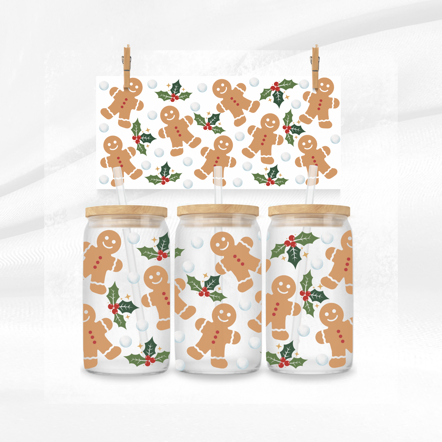 Gingerbread Men and Holly Libbey Glass Can