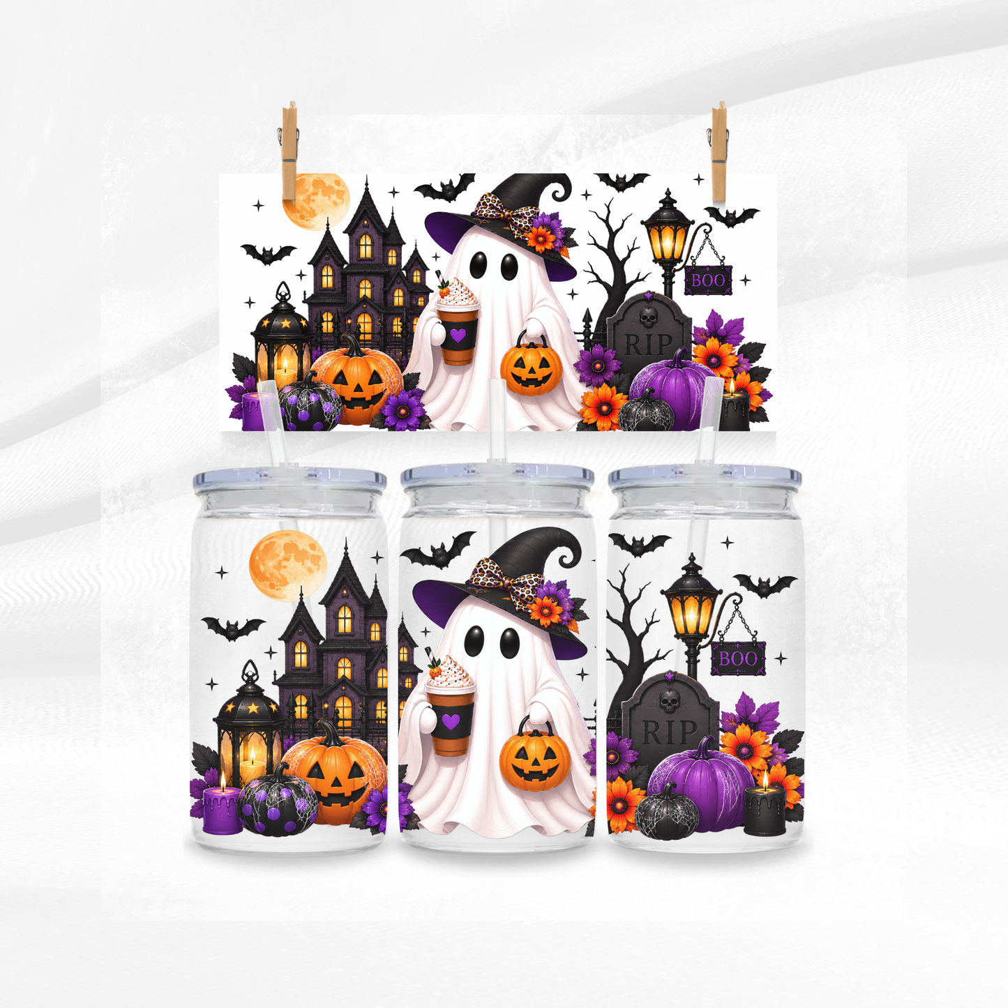 Pumpkin Latte Halloween Scene Libbey Glass Can