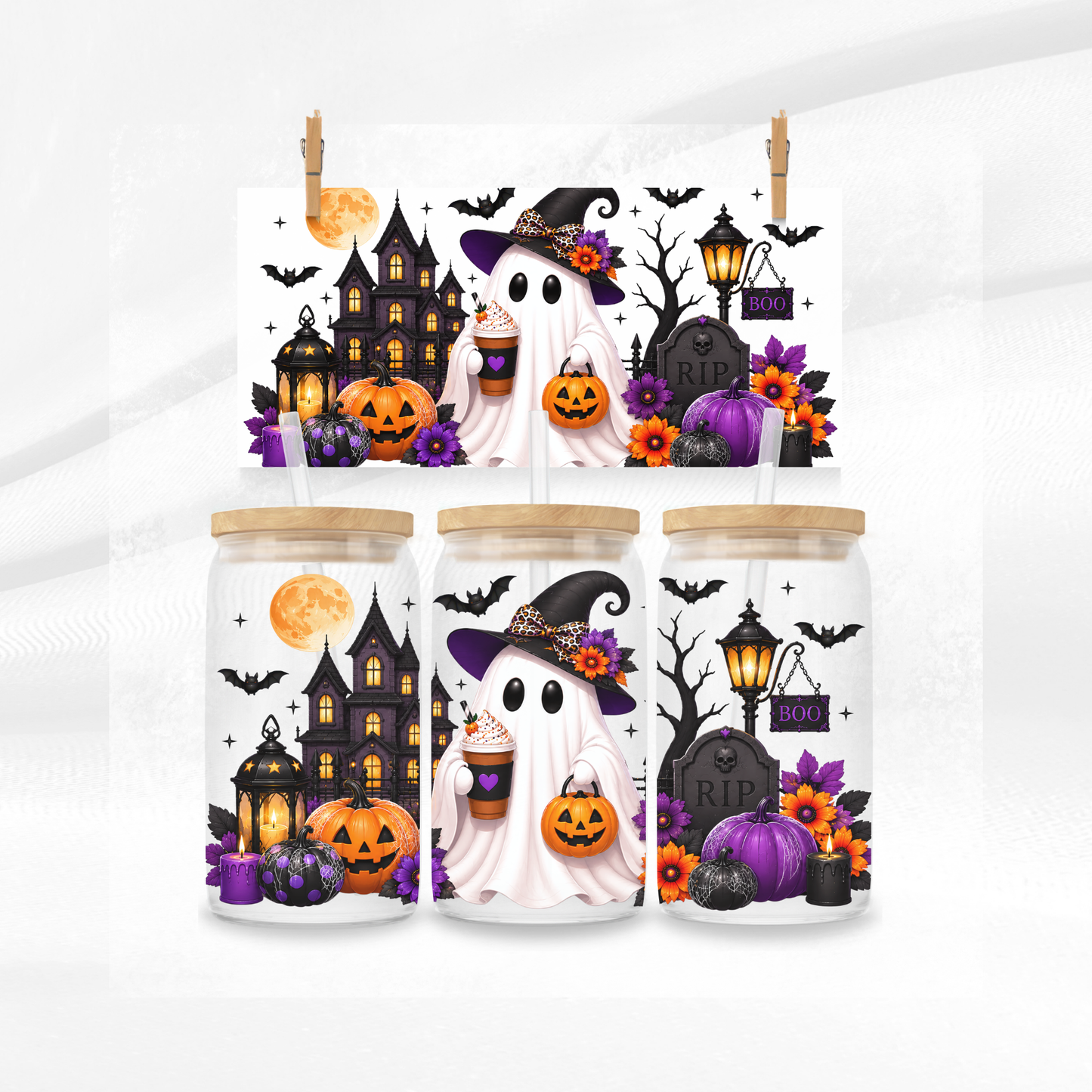 Pumpkin Latte Halloween Scene Libbey Glass Can