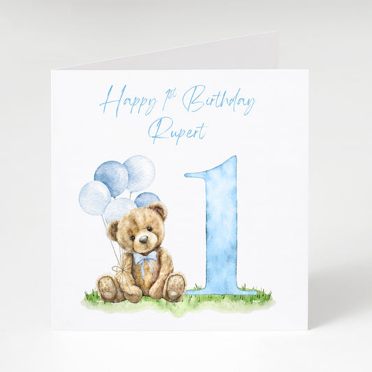 Personalised Blue 1st Birthday Teddy Card