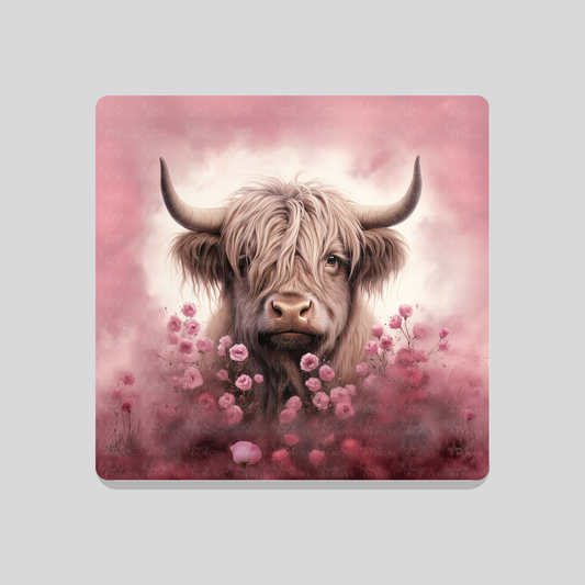Highland Cow Pink Field Coaster