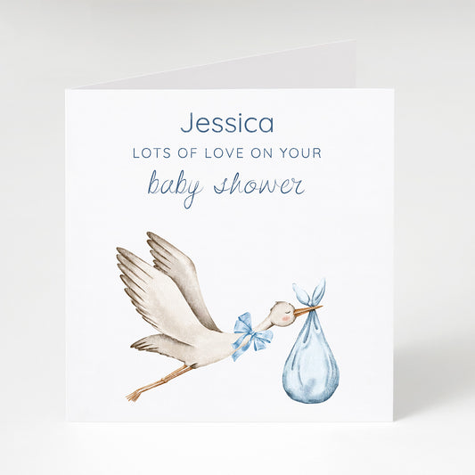 Personalised Baby Shower Stork Blue Card