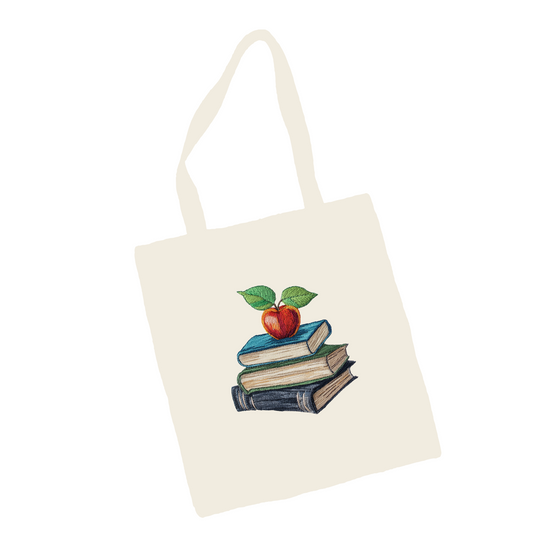Teacher Books and Apple Tote Bag