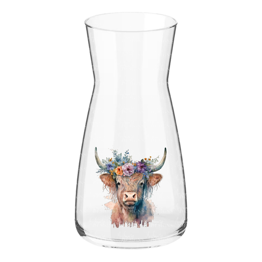 Glass Vase with Highland Cow Floral Design