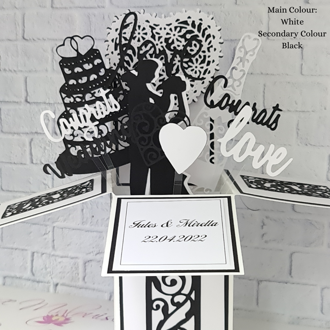 Black and white pop up box handmade wedding card.