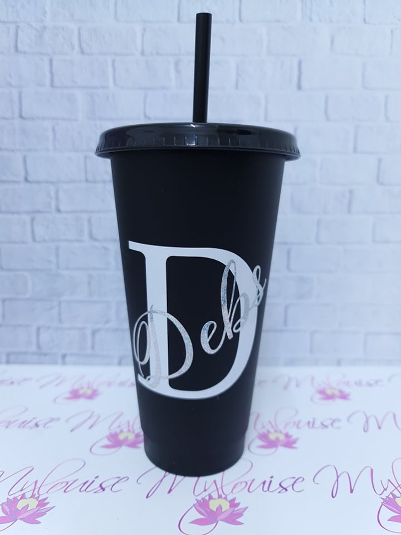 16oz Personalised Black Cold Cup with Straw, Tumbler with Lid