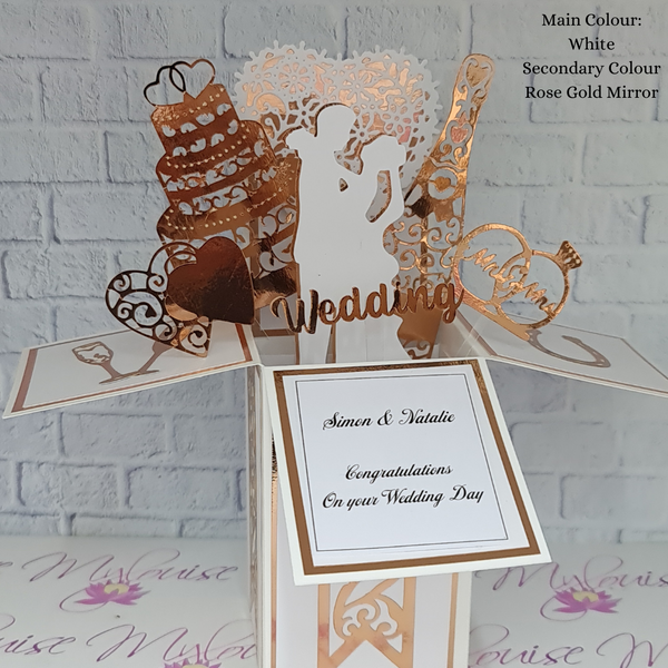 Rose Gold pop up box card with wedding themed pop outs.